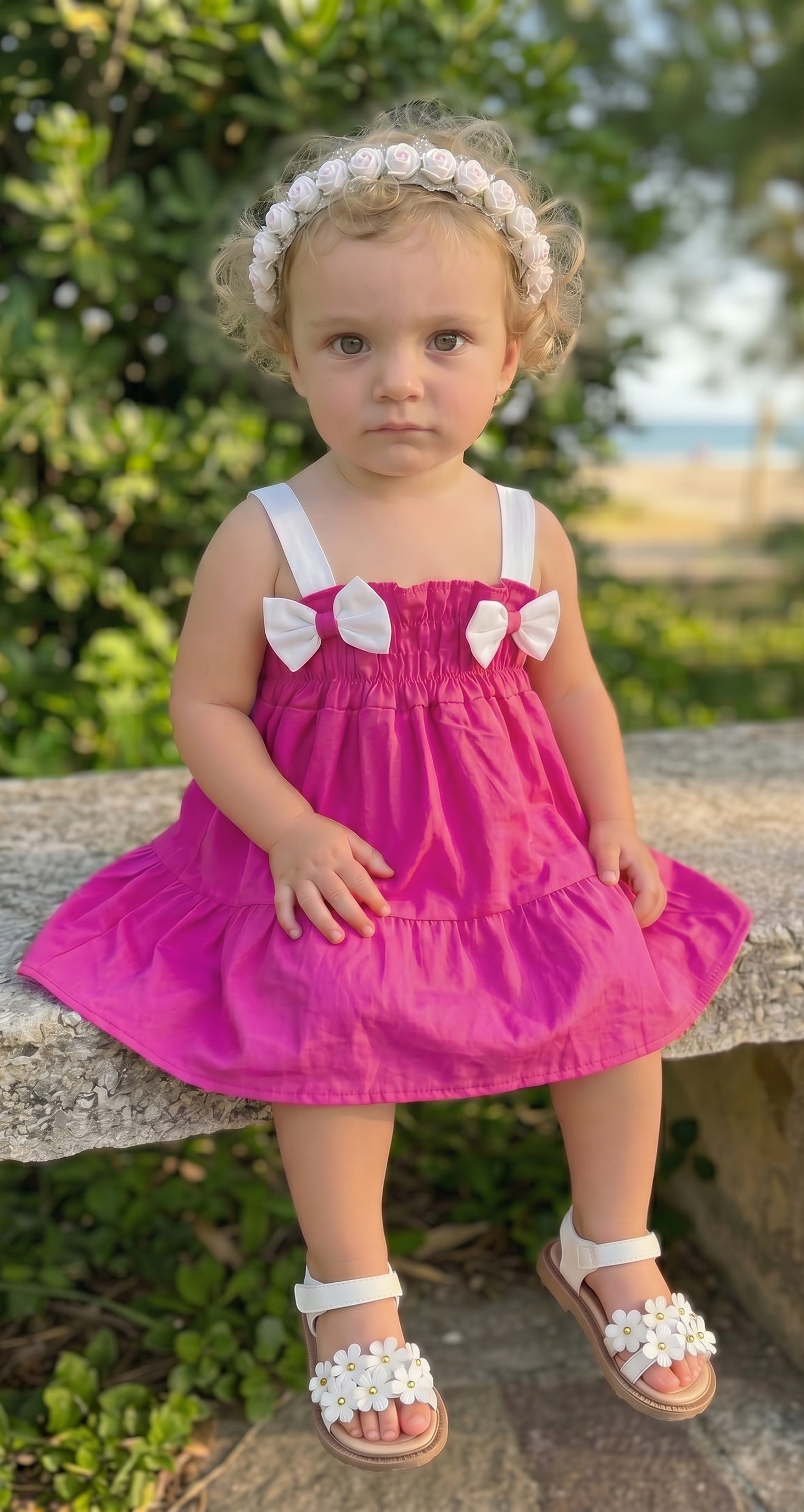 Bambina in vestito fucsia con sandali bianchi