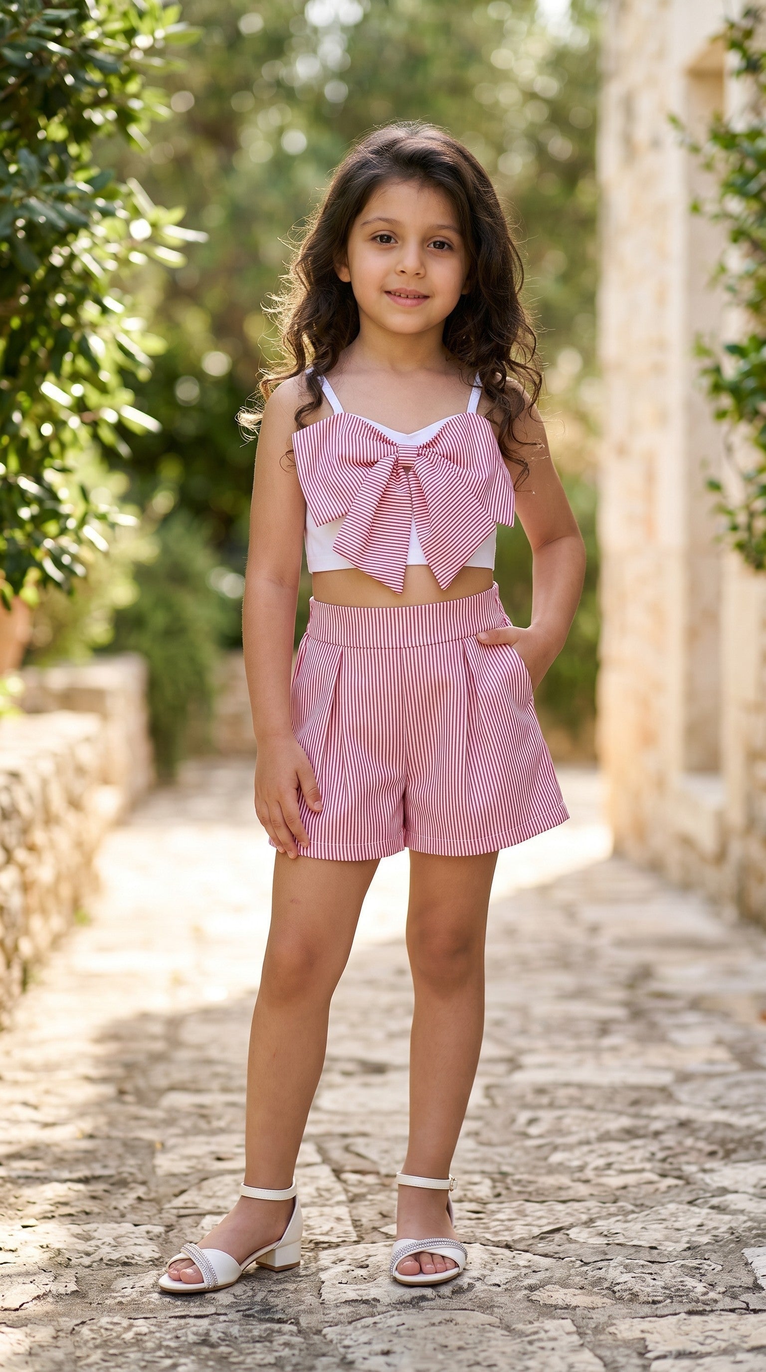 Bambina in coordinato a righe rosse e bianche con sandali