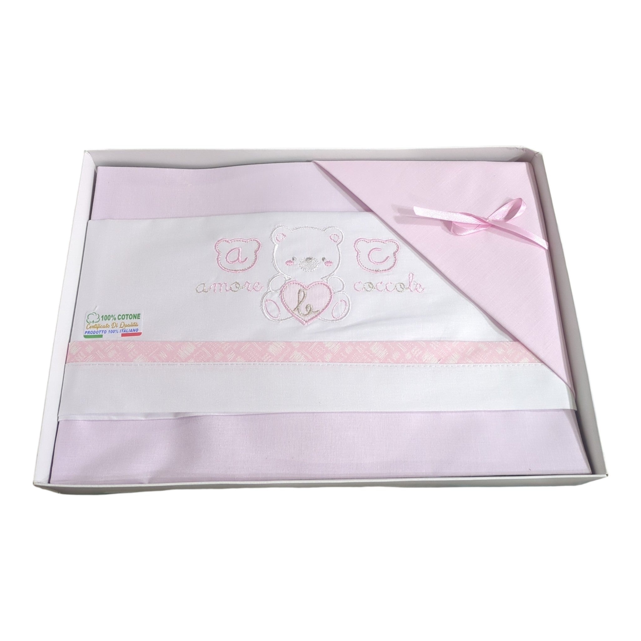 Completo Lenzuola Culla/Carrozzina Ricamato Pastello – 100% Cotone "Batuffolini"