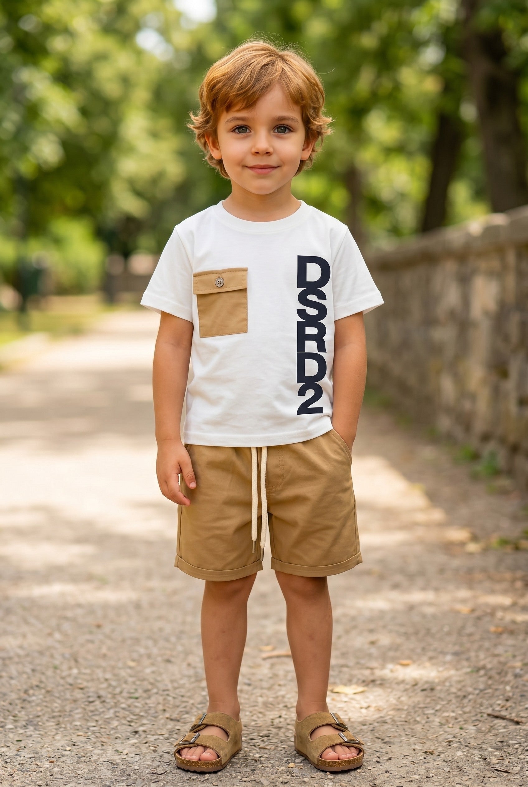 Completo in Cotone Bambino – T-shirt Bianca con Scritta e Pantalone Beige con Taschino e Lacci