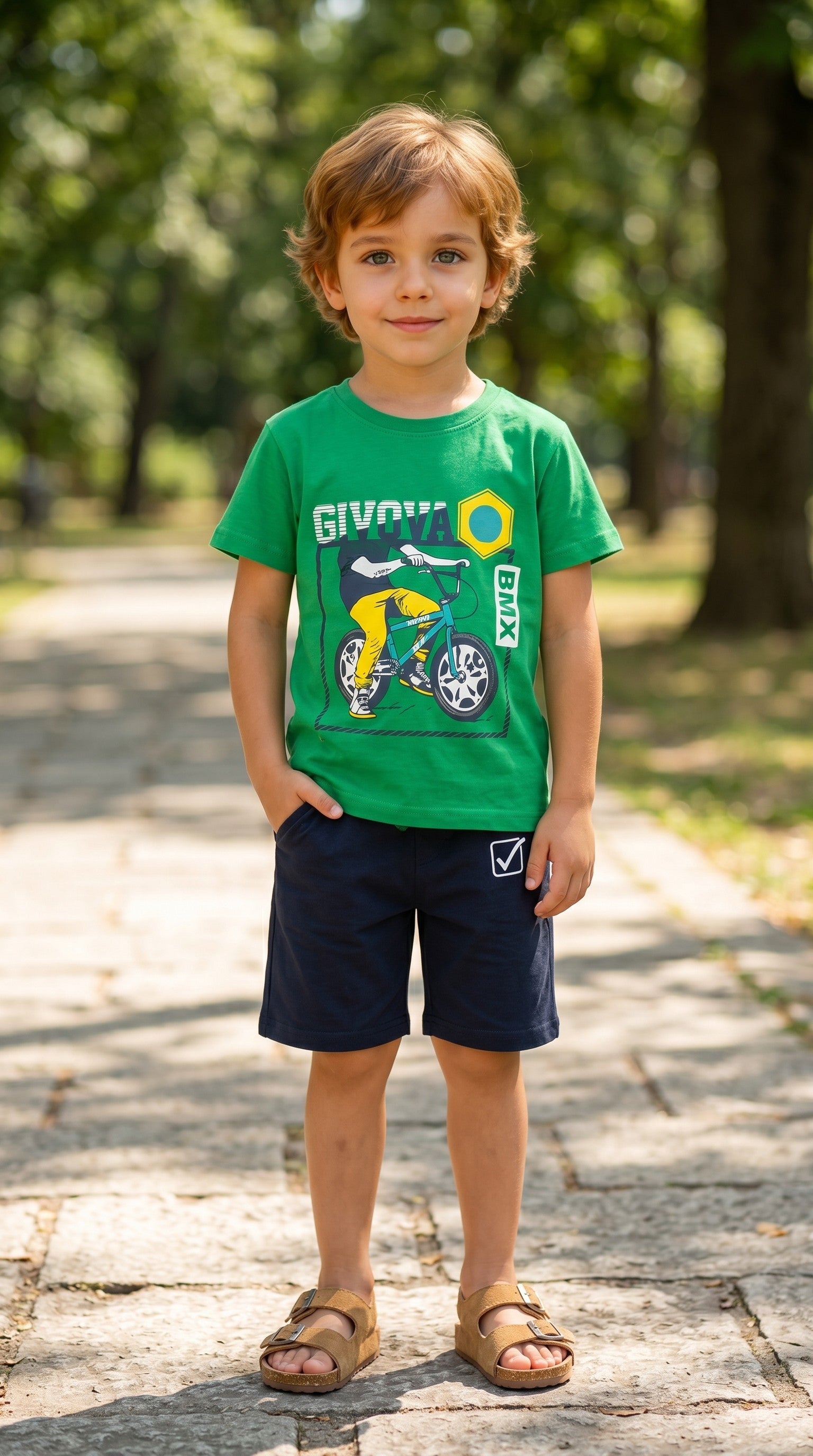 Completo Givova 100% Cotone - T-shirt Manica Corta con Stampa e Pantaloncino Blu