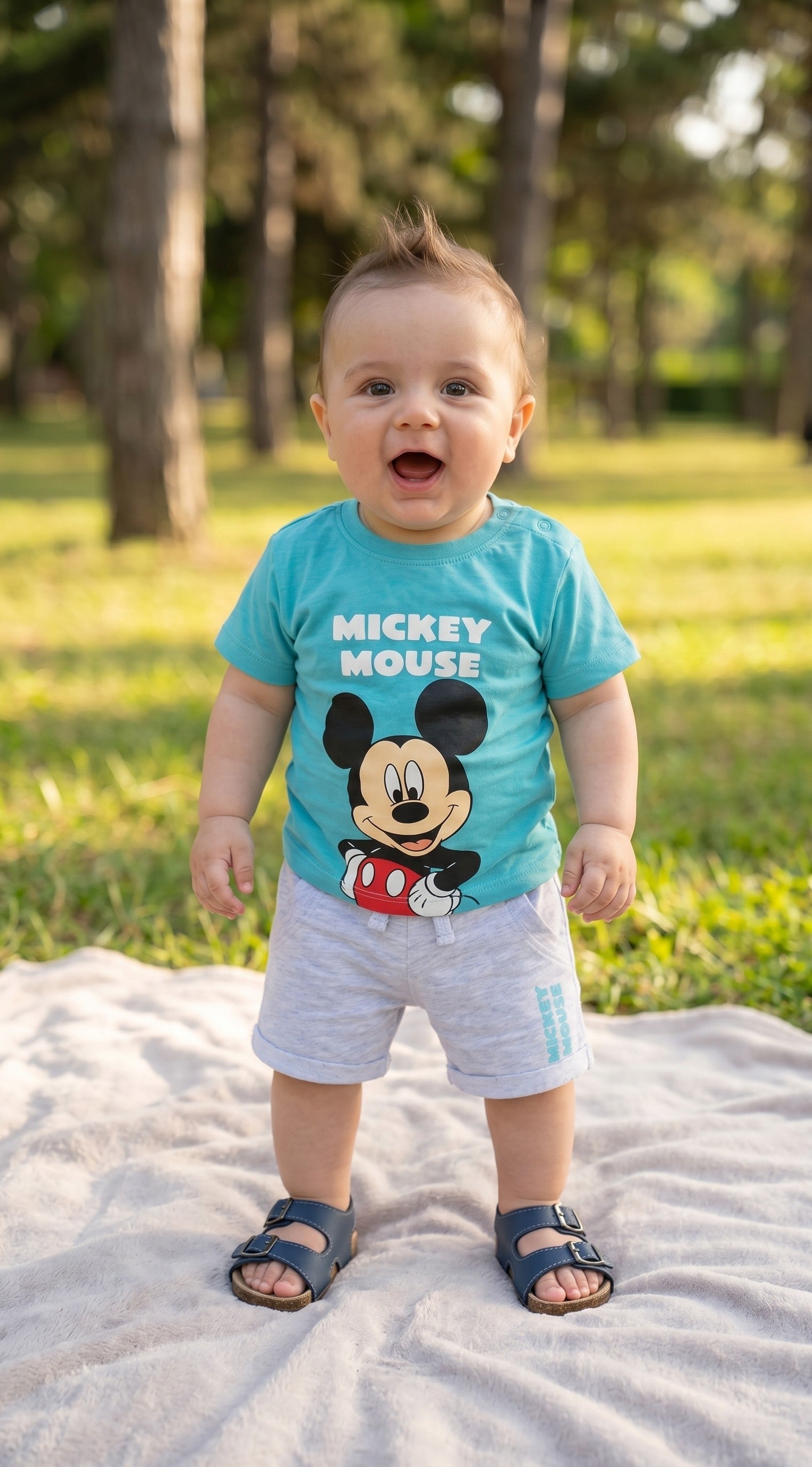 Completo Disney Topolino T-Shirt Azzurra e Pantalone Grigio - Bimbo