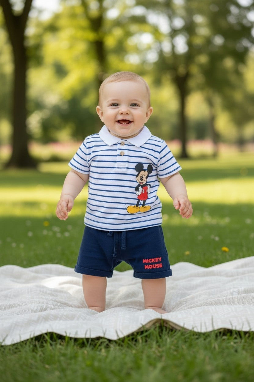 Completo Disney Topolino T-Shirt a Righe con Colletto e Pantalone Blu - Bimbo