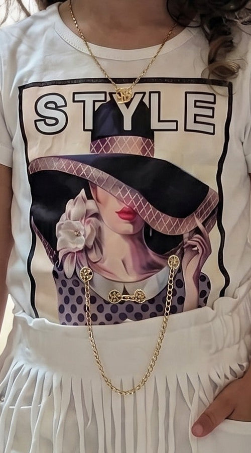 Completo 100% Cotone - T-shirt con Stampa e Short Bianco
