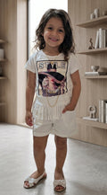 Completo 100% Cotone - T-shirt con Stampa e Short Bianco
