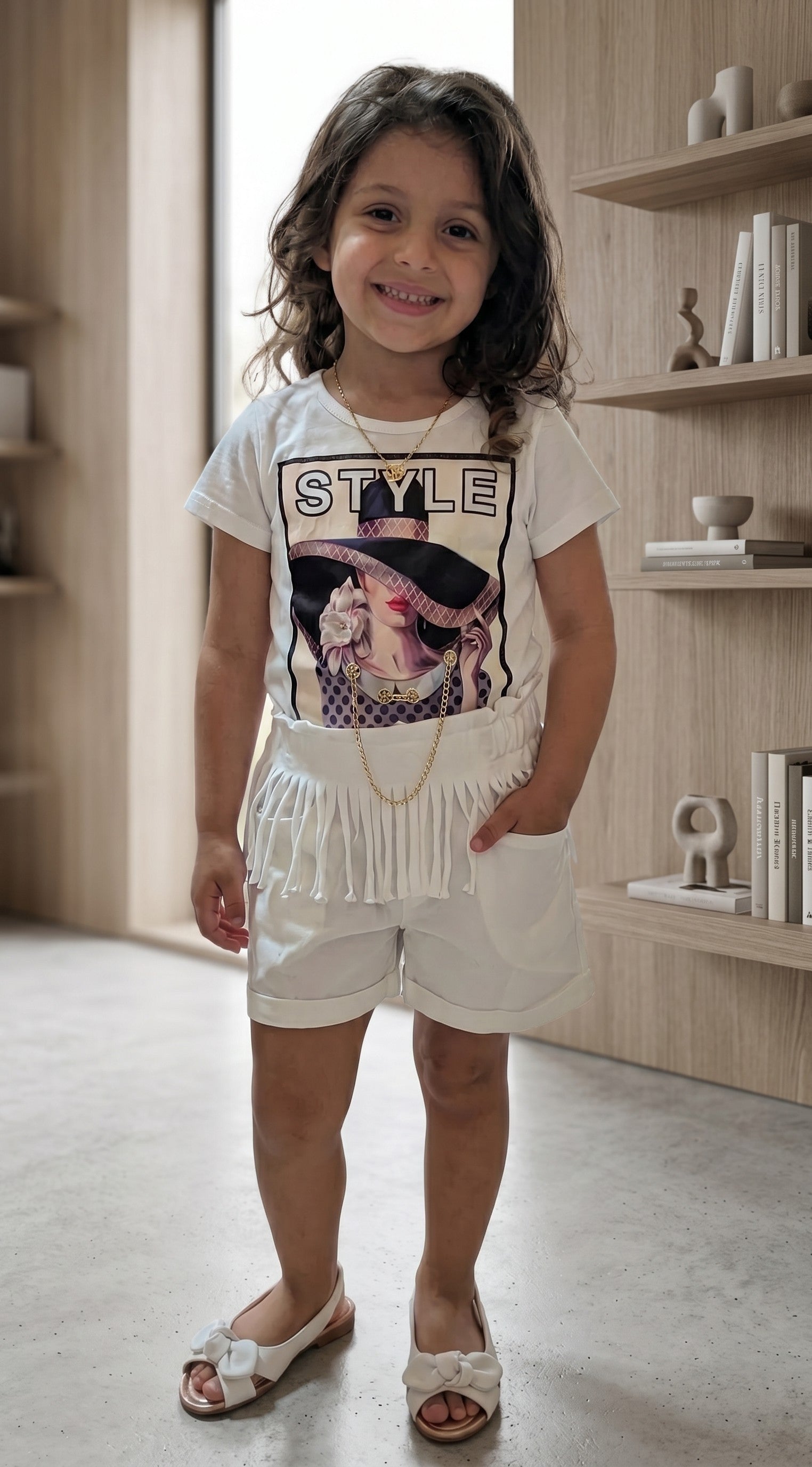 Completo 100% Cotone - T-shirt con Stampa e Short Bianco