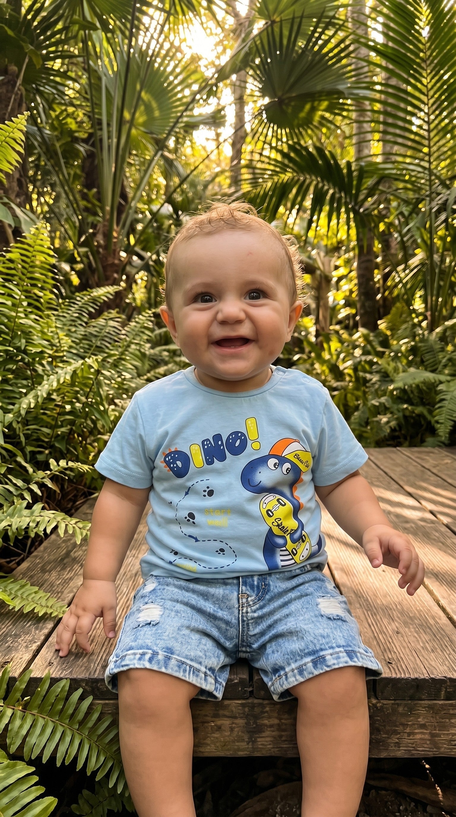 L'isola che non c'è – Completo T-shirt dinosauro e jeans neonato 9-36 mesi cotone