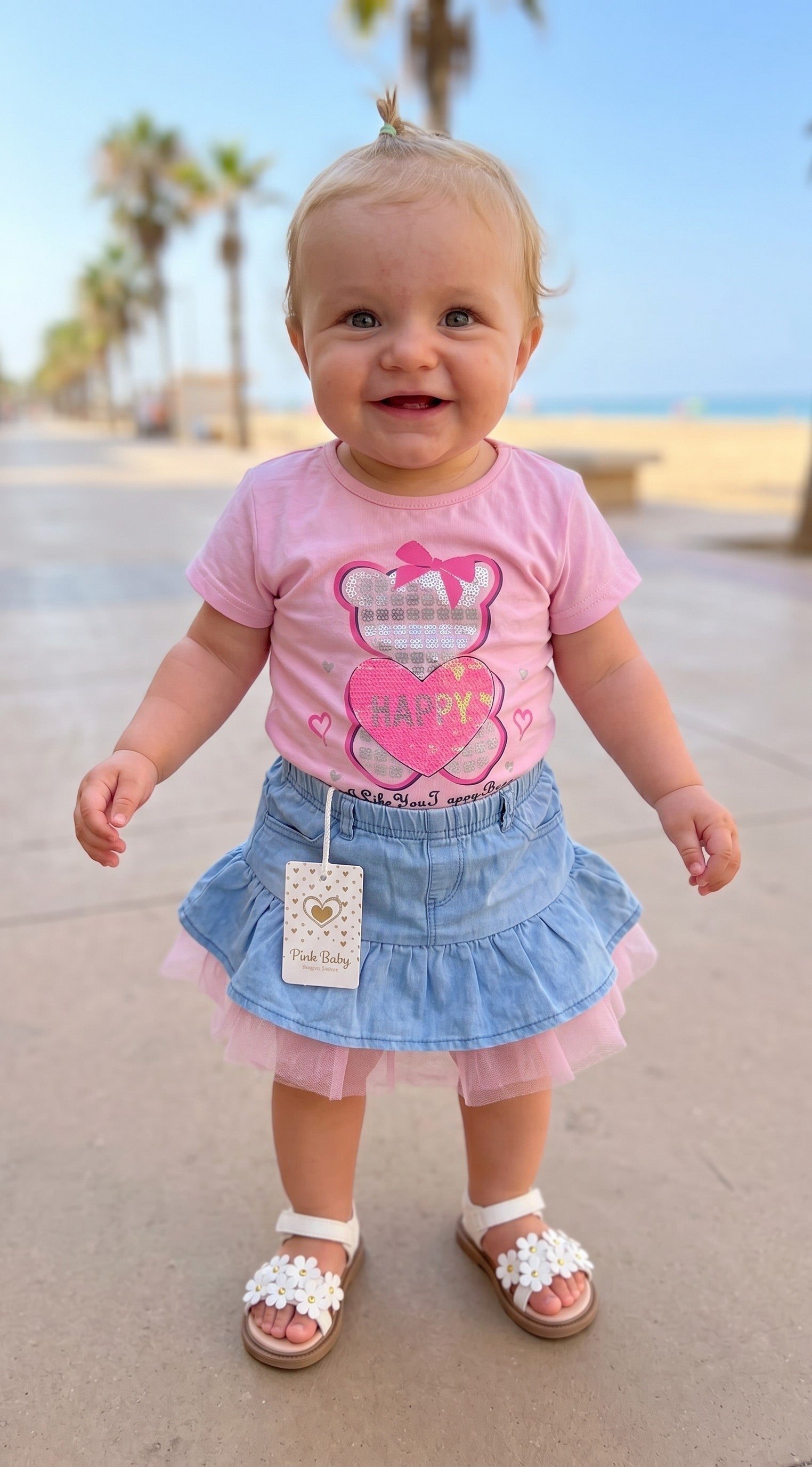 Completo Bimba - T-shirt con Orsacchiotto e Gonna di Jeans con Tulle
