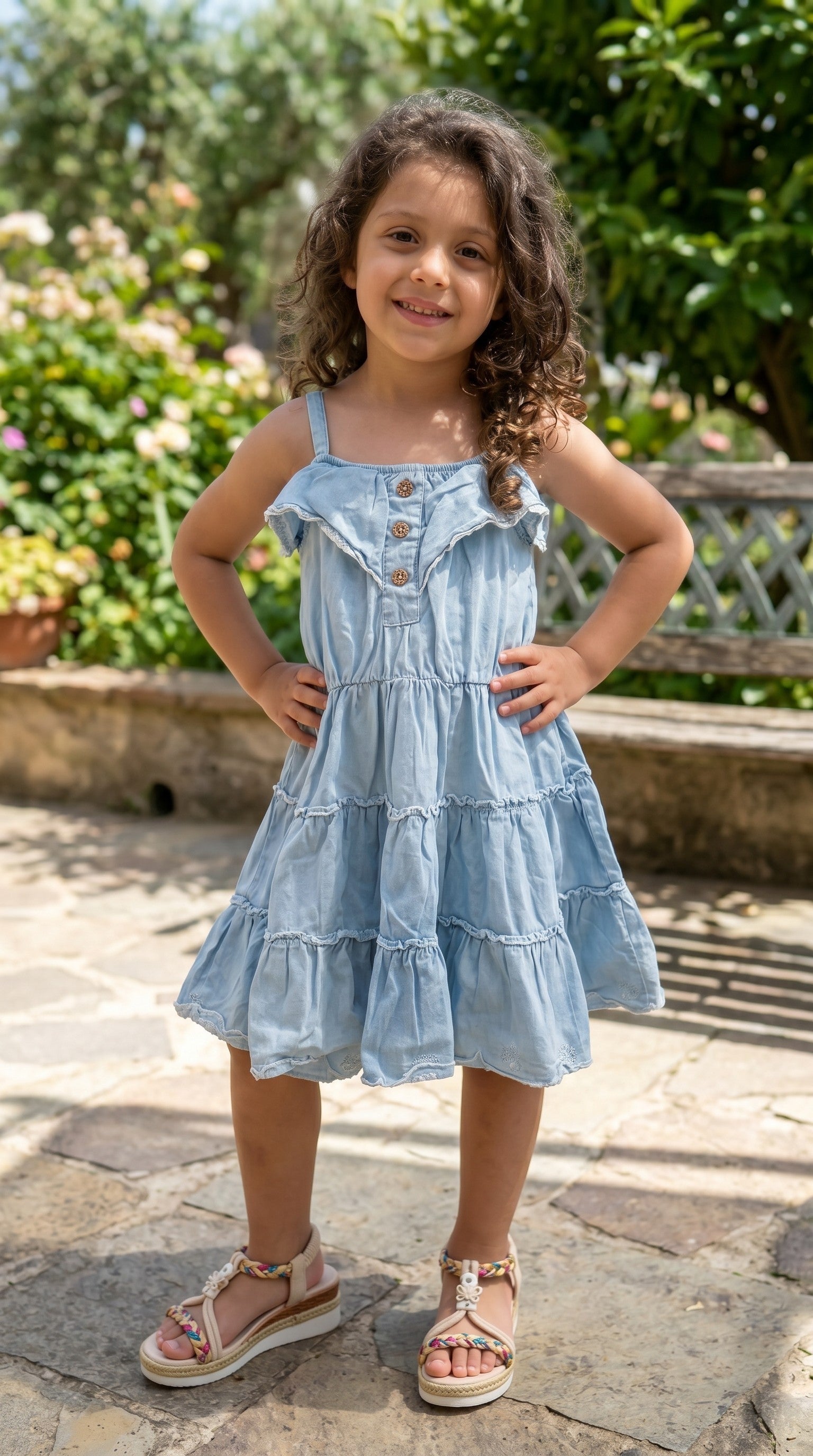 Vestitino in Jeans con Balze e Bretelline - Bimba
