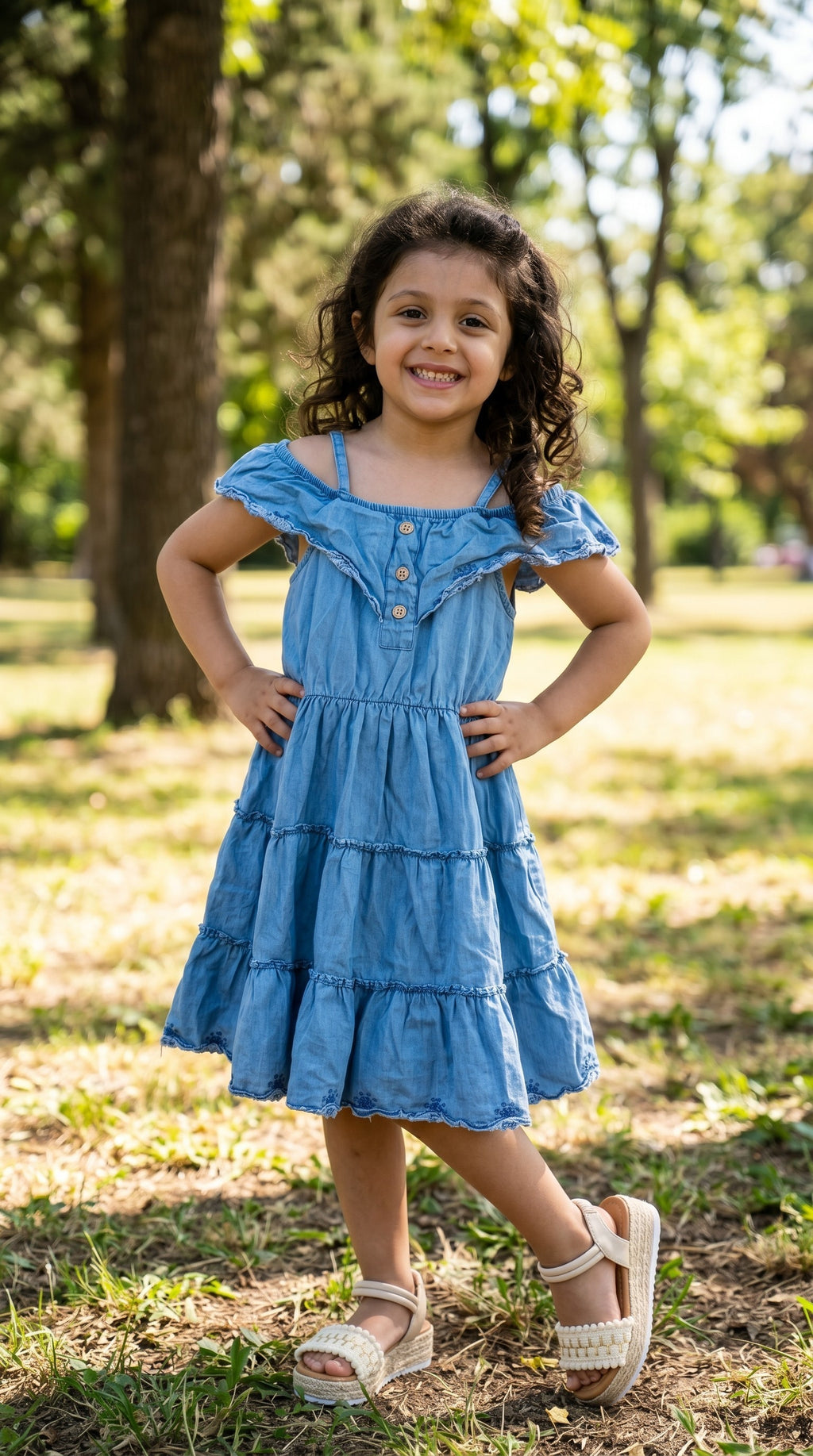Vestitino in Jeans con Balze e Bretelline - Bimba