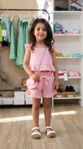 Completo 3 Pezzi Top con Fiocco, Pantalone e Borsetta con Tracolla - Bimba