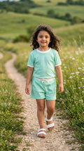 Completo T-Shirt e Pantaloncino in Cotone Verde Acqua - Bimba