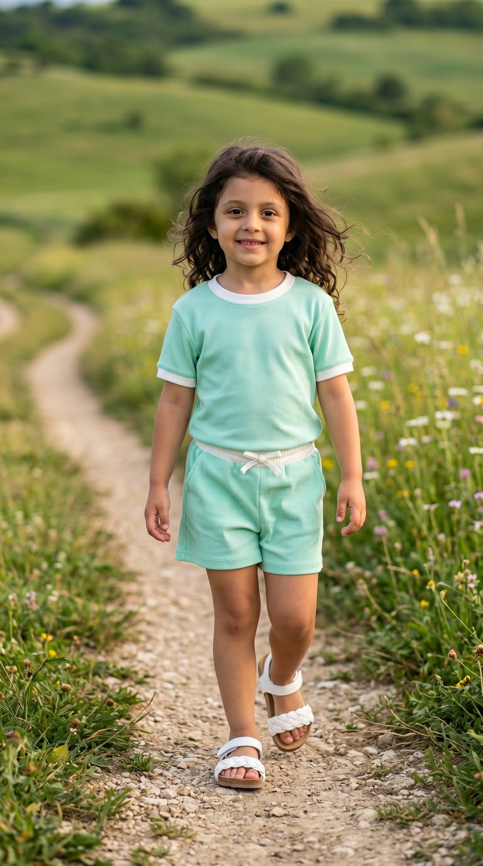 Completo T-Shirt e Pantaloncino in Cotone Verde Acqua - Bimba