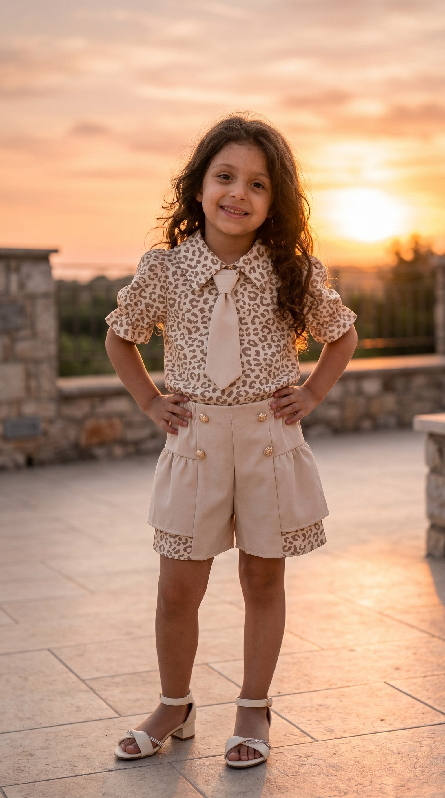 Completo Animalier Camicetta con Cravattino Removibile e Short Bottoni Oro - Bimba