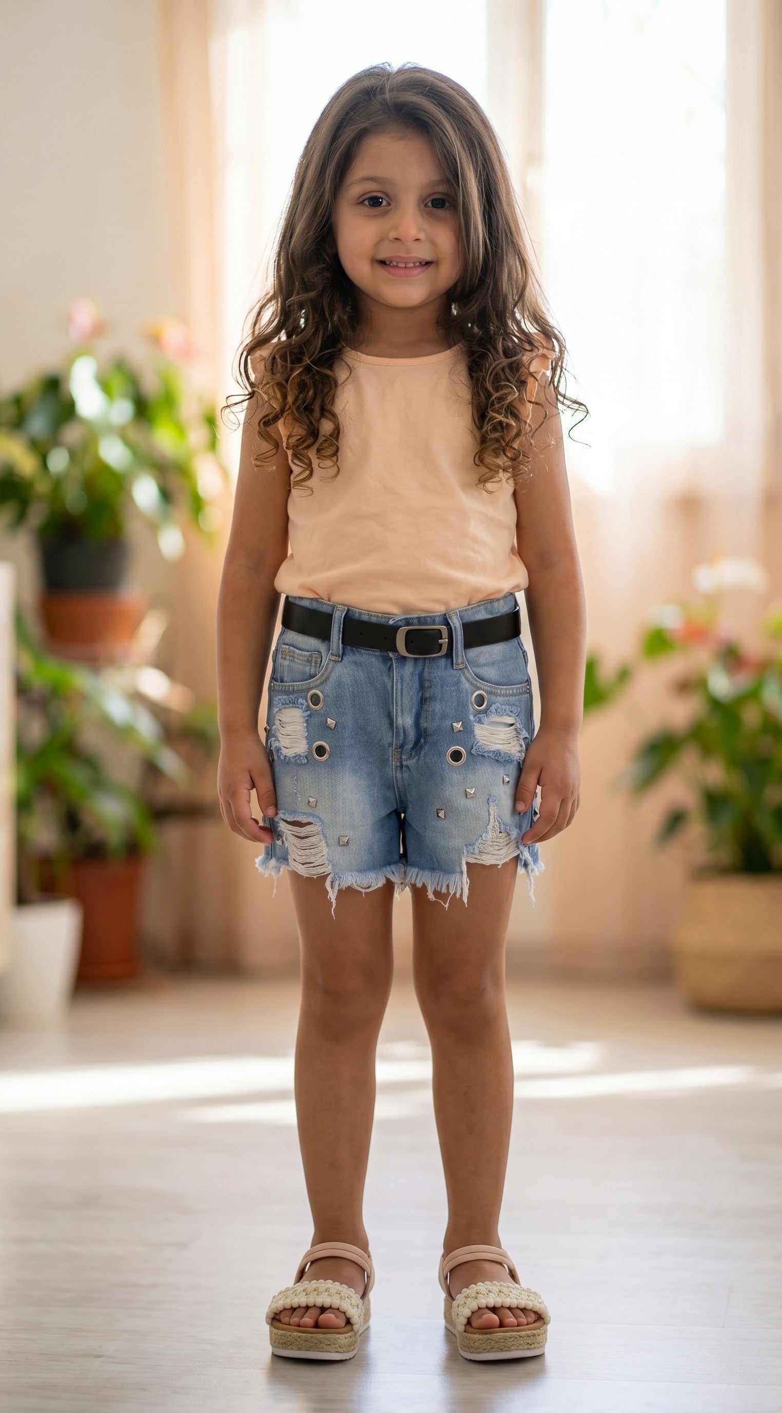 Short Jeans Bimba con Cintura e Borchie