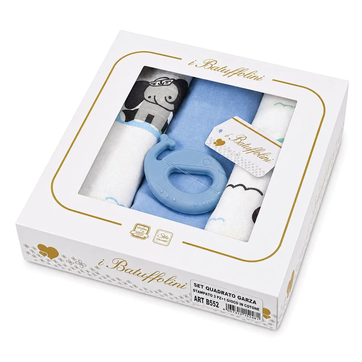 Set 3 Quadrati Garzati Batuffolini in Mussola – Elefantino con Gioco Dentizione